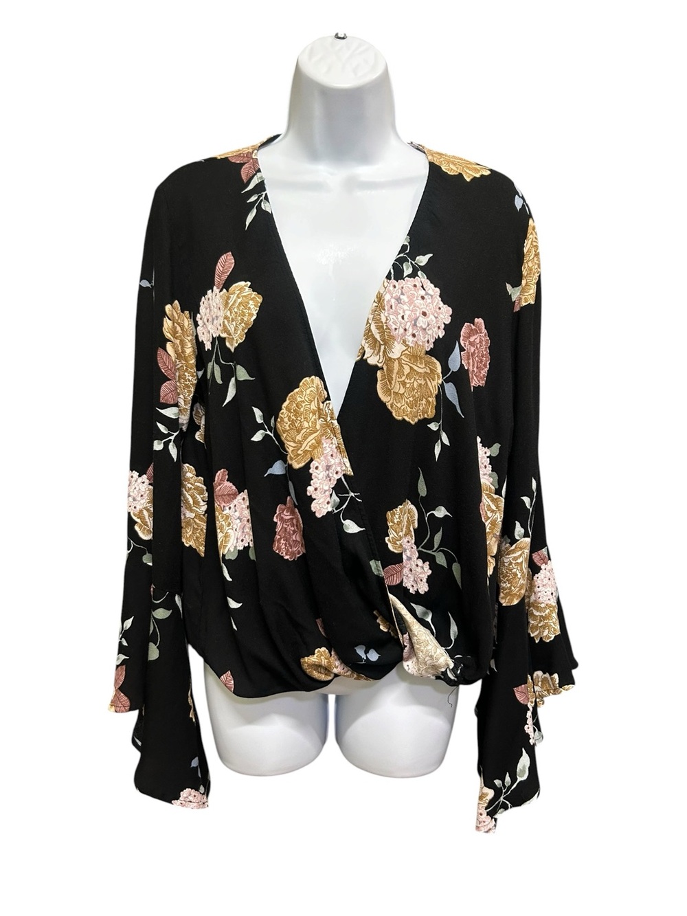 Lovestitch Floral Wrap Long Bell Sleeve Boho Blouse Size M